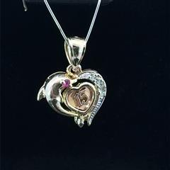 14K Yellow Gold Dolphin Heart Quinceanera Sweet 15 Pendant 3.1g